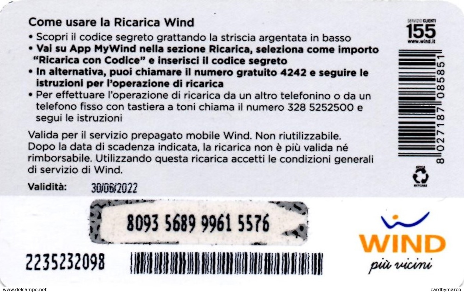 *ITALIA - WIND - NOVITA'* - Ricarica Usata (sc. 30/06/2022) - Schede GSM, Prepagate & Ricariche