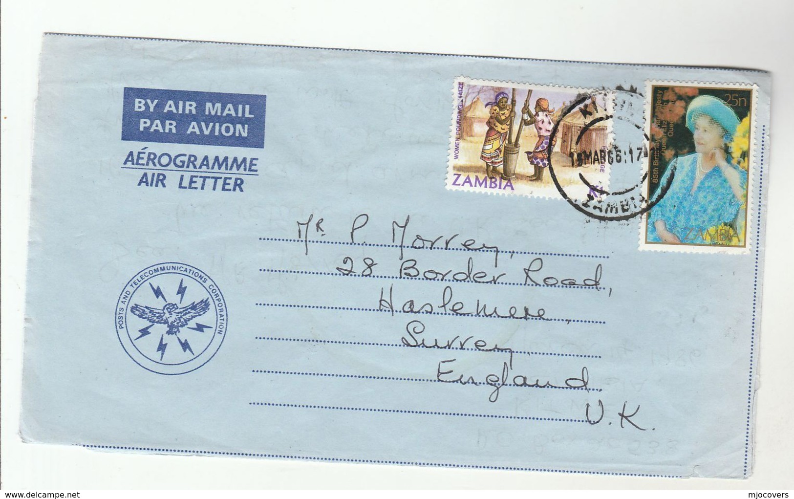 1986 ZAMBIA AEROGRAMME Queen Mother Royalty Stamps To GB Cover - Zambia (1965-...)