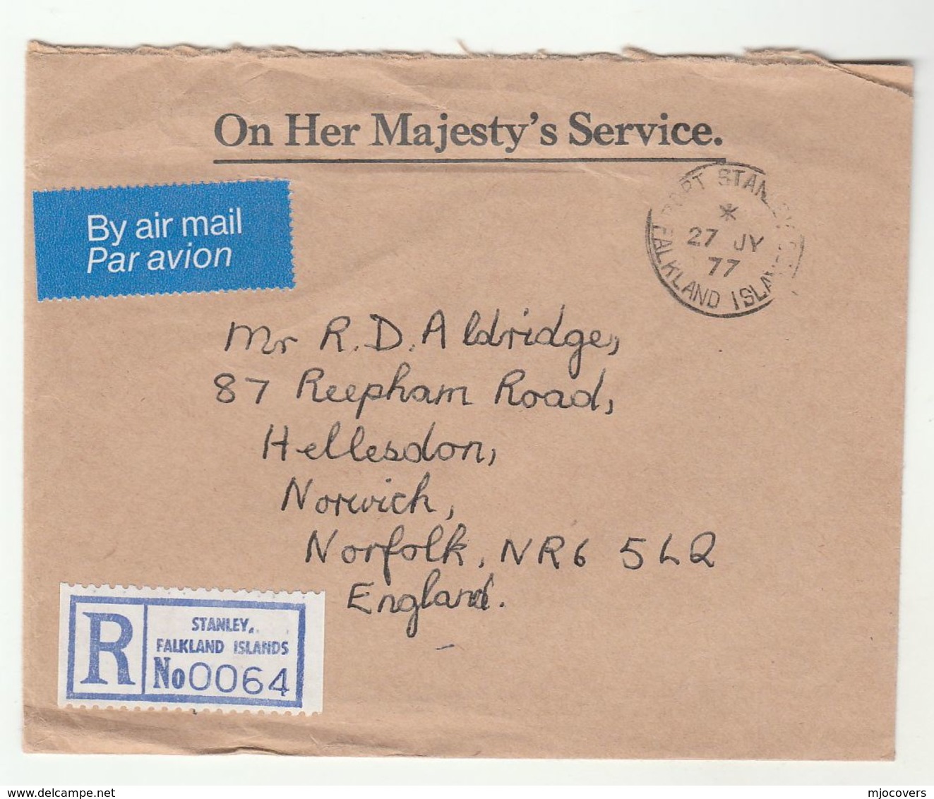 1977 REGISTERED Falklands STANLEY OHMS Airmail COVER To GB Falkland Islands - Falkland