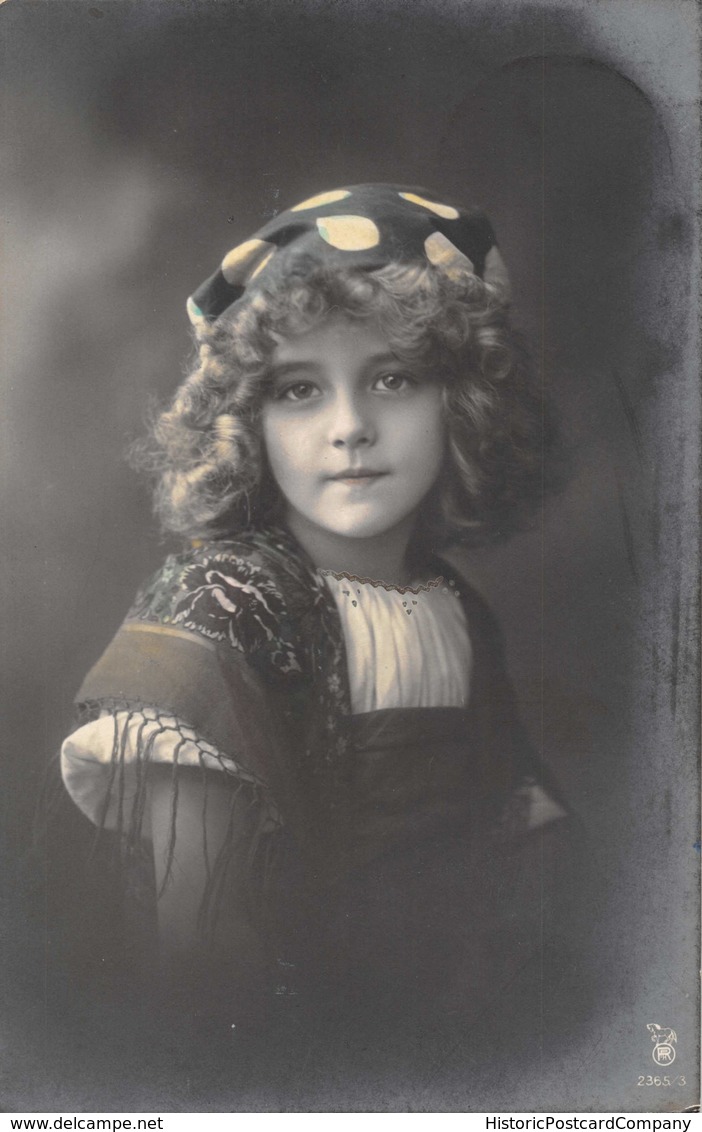 PRETTY YOUNG GIRL-STYLISH PEASANT DRESS-CURLY HAIR-LARGE POLKA DOT HAT PHOTO 1909 POSTCARD 39571 - Autres & Non Classés