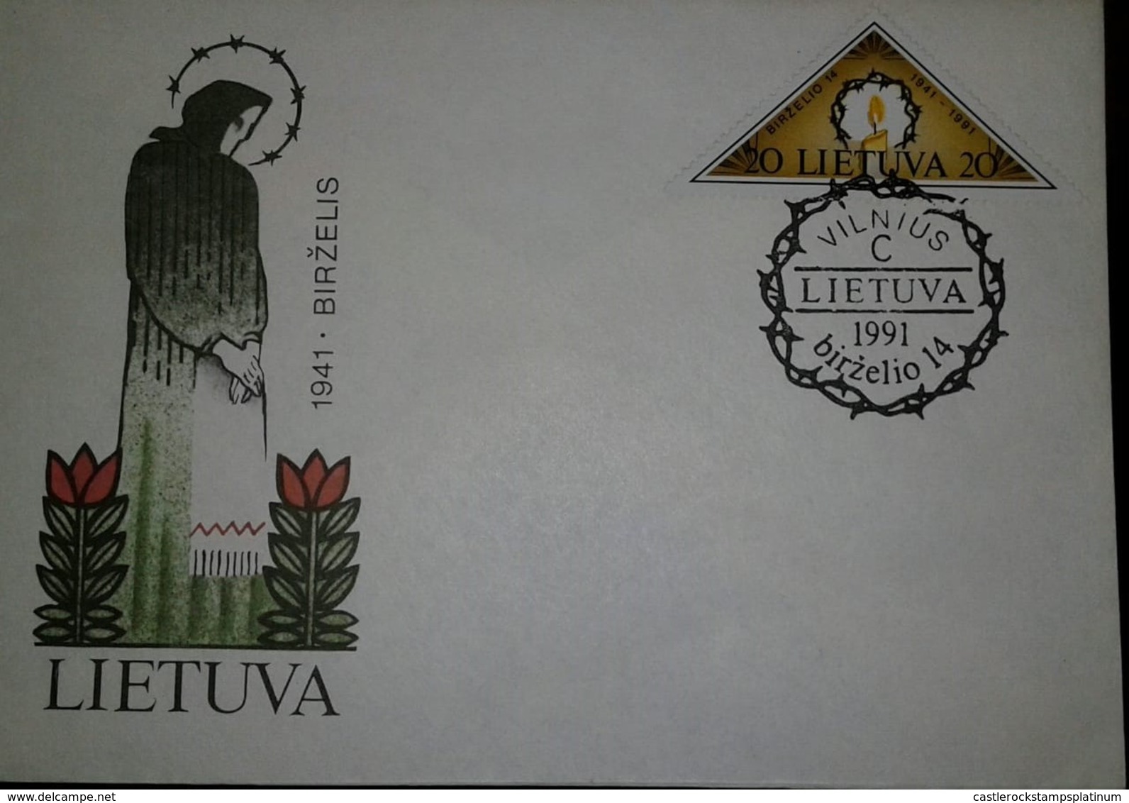 O) 1991 LITHUANIA, RESISTANCE TO SOVIET AND GERMAN OCCUPATION-CANDLE -BARBED WIRE, 1941 BIRZELIS,  FDC XF - Lithuania