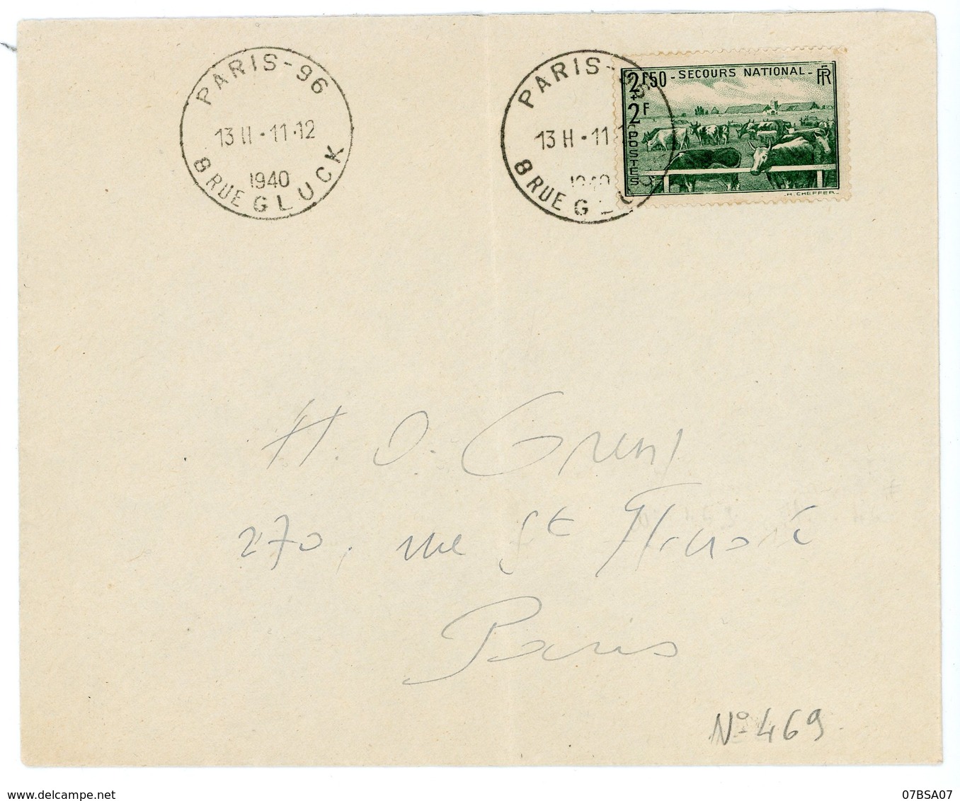 SEINE ENV 1940 PARIS N° 469 SURTAXE SEUL SUR LETTRE - 1921-1960: Période Moderne