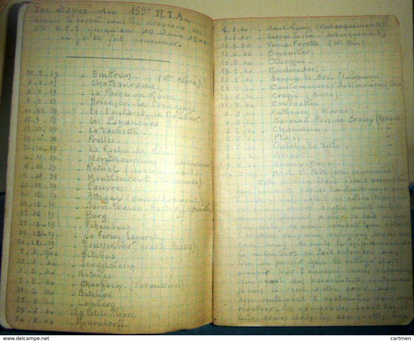 MANUSCRIT GUERRE 1940 JOURNAL DE MARCHE DU 159 RIA REDIGE AU JOUR LE JOUR JUSQU'A SA DISSOLUTION - 1939-45