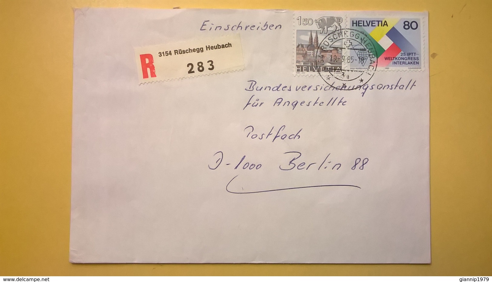 1985 BUSTA SVIZZERA HELVETIA RACCOMANDATA PER BERLINO ANNULLO RUSCHEGEN BOLLO ASTROLOGIA ASTROLOGY - Storia Postale