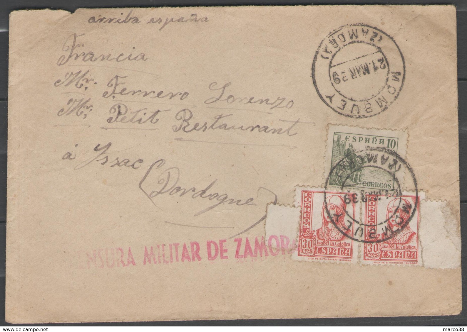 ESPAGNE (guerre Civile):  LSC De MOMBUEY (censure De ZAMORA) Du 21 Mars 1939 Pour ISSAC (Dordogne) - Covers & Documents