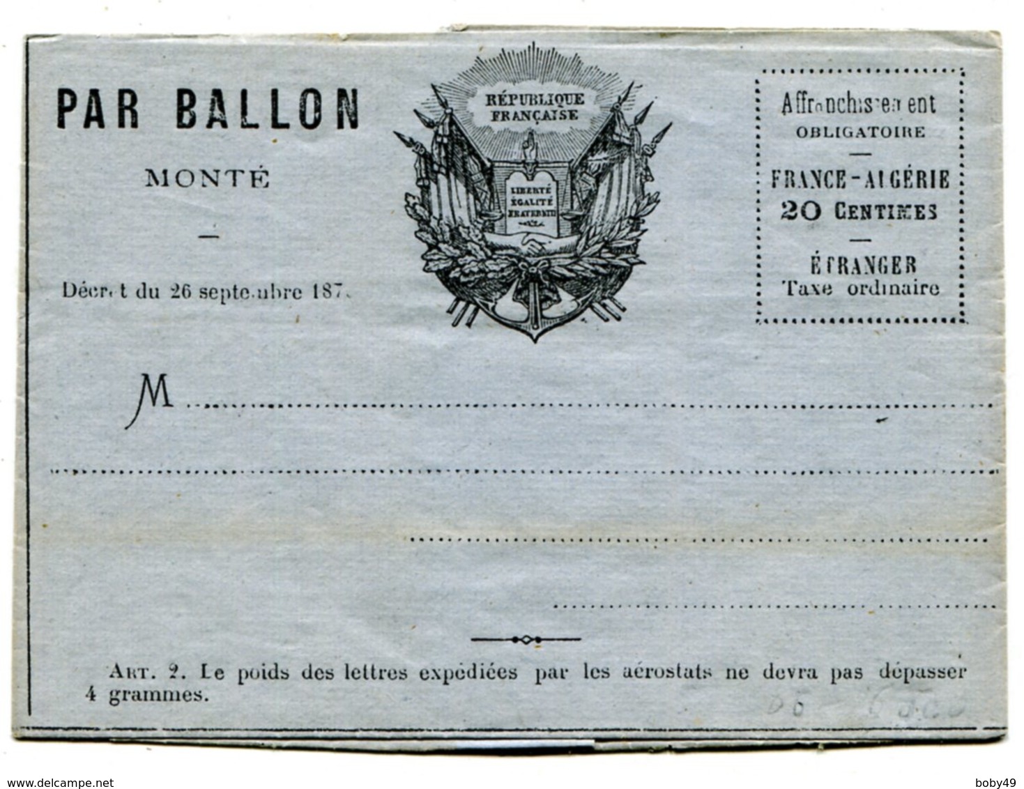 Guerre De 1870 Formulaire Vierge Par BALLON MONTE - 1849-1876: Période Classique