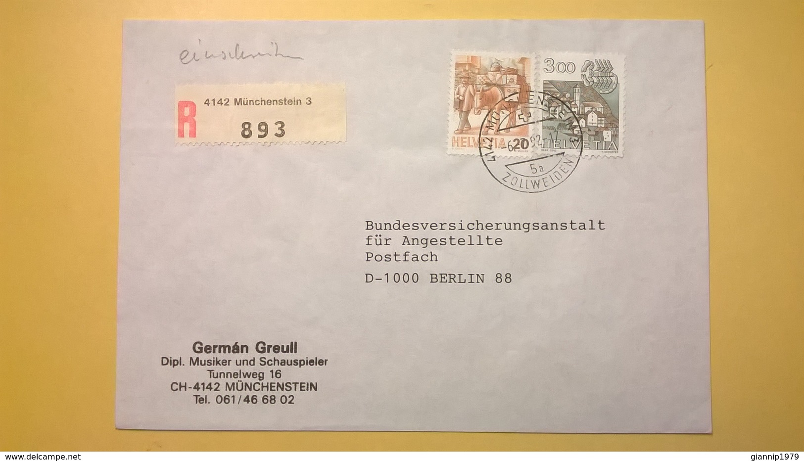 1992 BUSTA SVIZZERA HELVETIA RACCOMANDATA PER BERLINO ANNULLO MNCHENSTEIN BOLLO ASTROLOGIA ASTROLOGY - Storia Postale