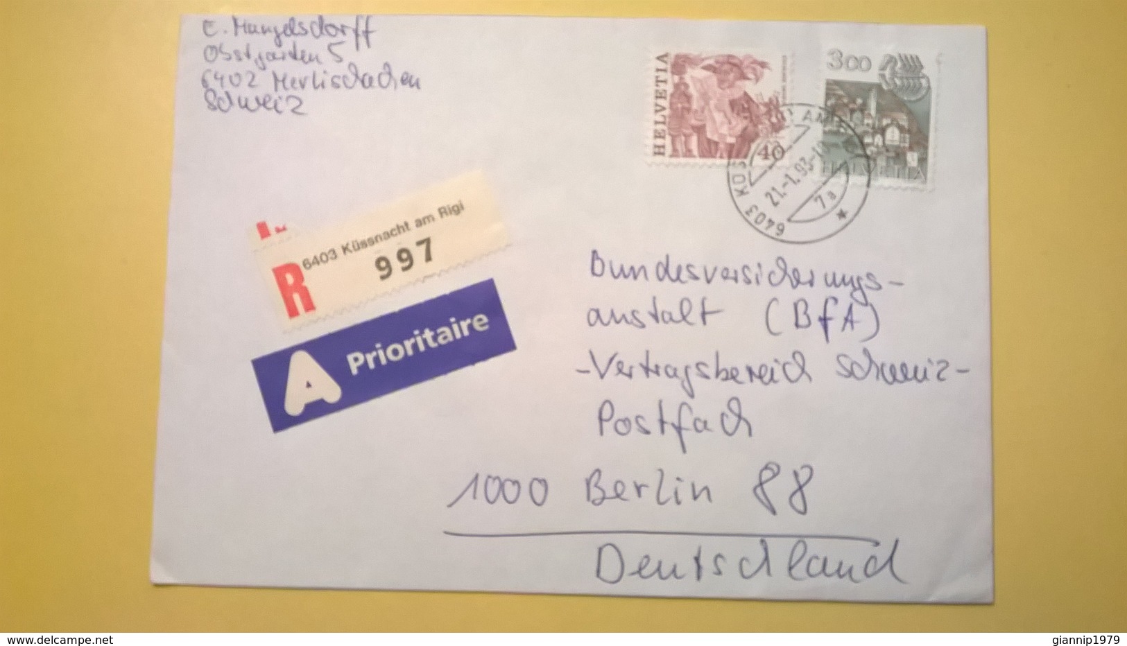 1993 BUSTA SVIZZERA HELVETIA RACCOMANDATA PER BERLINO ANNULLO BASEL BOLLO ASTROLOGIA ASTROLOGY - Storia Postale