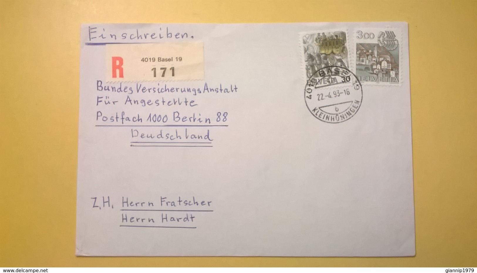 1994 BUSTA SVIZZERA HELVETIA RACCOMANDATA PER BERLINO ANNULLO FULLINSDORF BOLLO ASTROLOGIA ASTROLOGY - Storia Postale