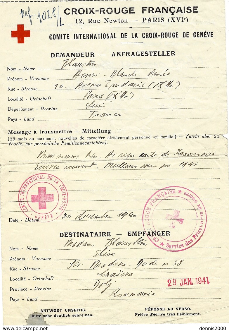 1941- Message Croix Rouge  De Paris Pour La Roumanie  - - 2. Weltkrieg 1939-1945