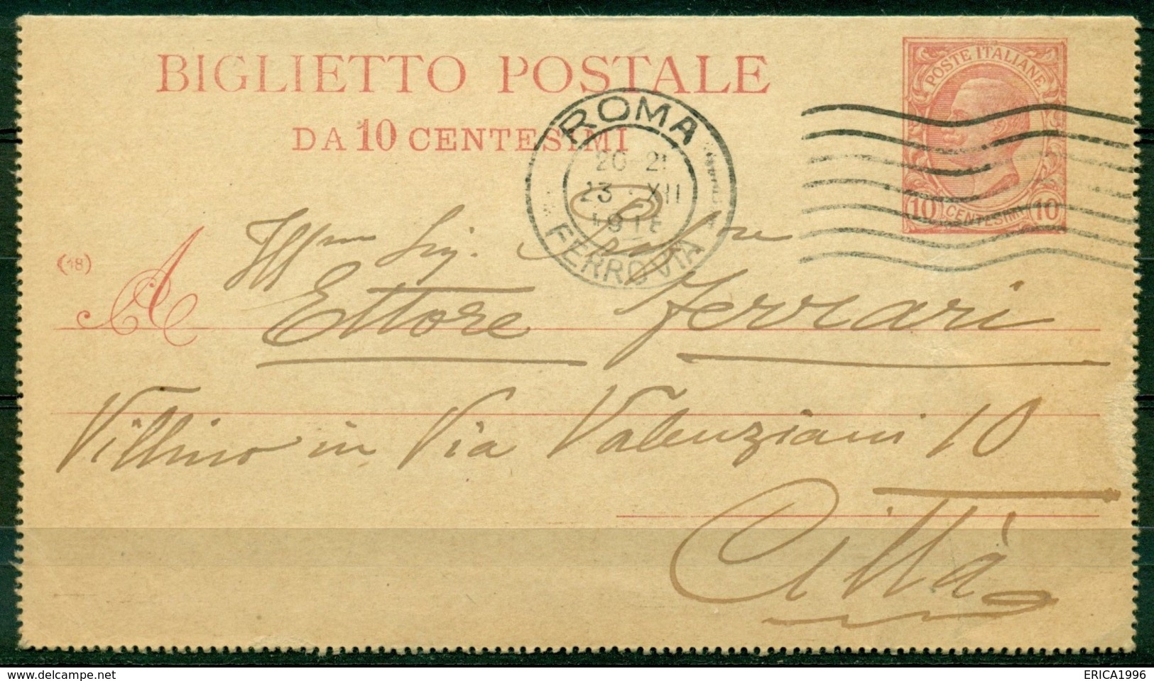 V8539 ITALIA REGNO 1918 Biglietto Postale 10 C., Fil. B11, Interitalia 13, Senza Francobolli Aggiunti, Da Roma 23.XII.18 - Interi Postali