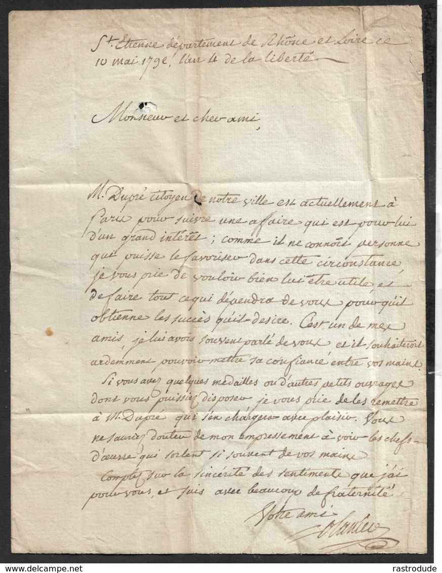 AN 4 - LAC - ST. ETIENNE A PARIS - Ecrit A DUPRÉ, GRAVEUR GÉNÉRAL DES MONNAIS DE FRANCE (AUGUSTIN DUPRÉ  1748 - 1833) - 1701-1800: Vorläufer XVIII