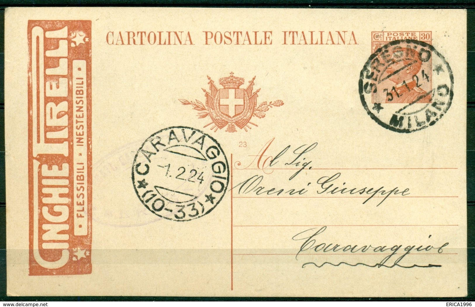 V7964 ITALIA REGNO 1923 Cartolina Postale Pubblicitaria 30 C. Cinghie Pirelli, Fil. R5-20, Interitalia 55-20, Da Seregno - Entero Postal