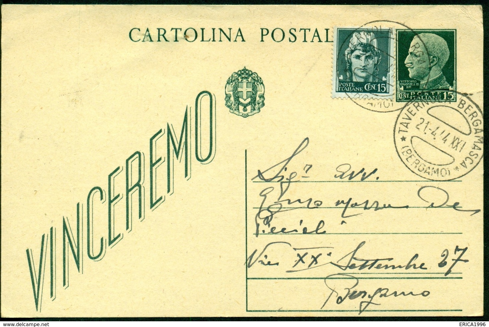 V9145 ITALIA RSI 1944 Cartolina Postale 15 C. Vinceremo, Fil. C97, Interitalia 94, Con Affrancatura Aggiuntiva, - Stamped Stationery