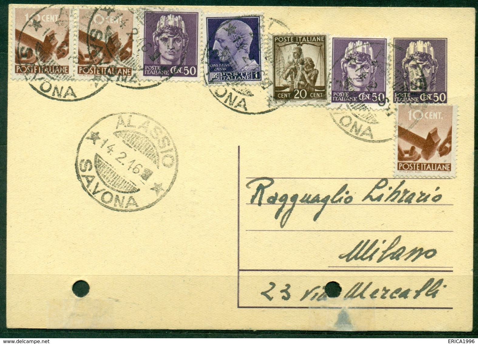 V9834 ITALIA LUOGOTENENZA 1946 Cartolina Postale C. 50 Fil. C120 Con Affrancatura Aggiuntiva (Democratica 10 C. X 3 +20 - Paketmarken