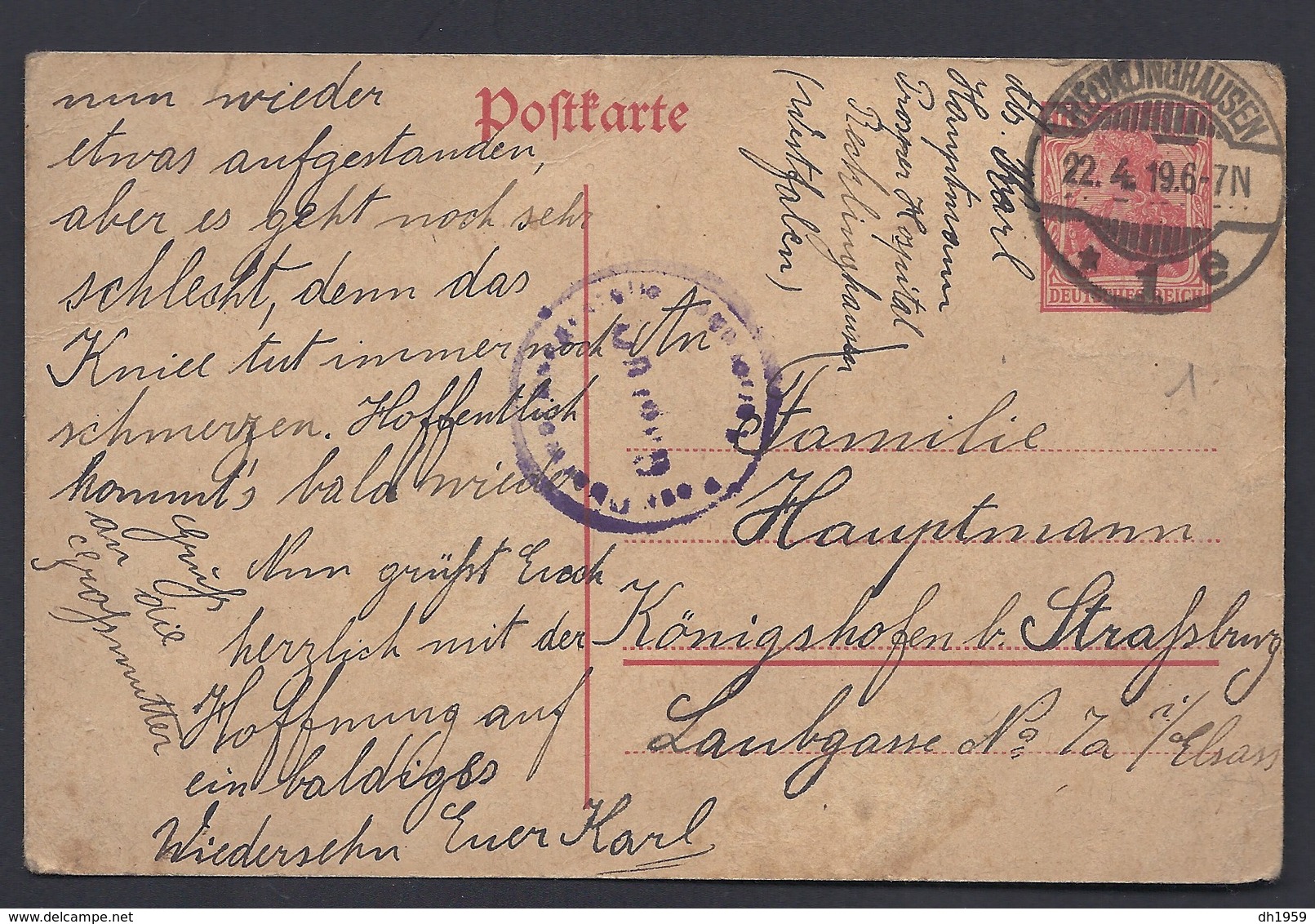 RECKLINGHAUSEN PROSPER HOSPITAL HOPITAL 1919 Nach STRASSBURG - Recklinghausen
