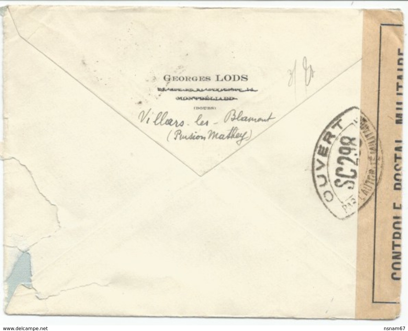 R167 - CENSURE SC 298 = Centre STRASBOURG - Pli VILLAS Les BLAMONT Doubs Pour BARR Alsace - 1939 - - Lettres & Documents