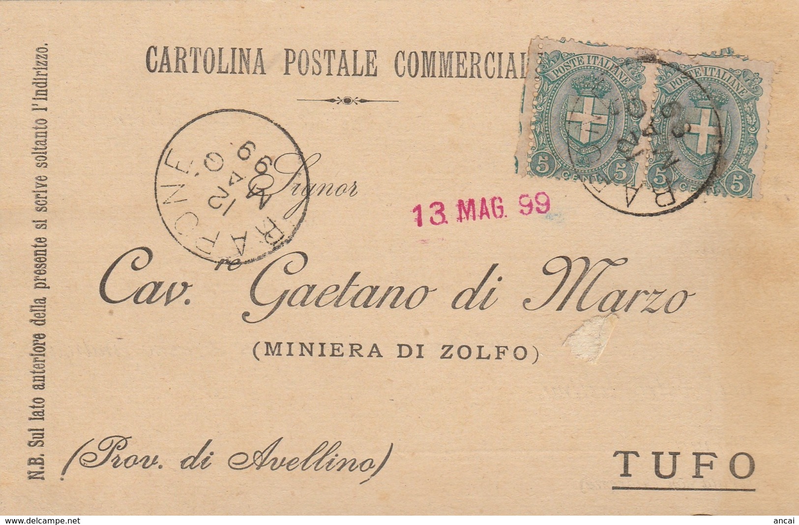 Rapone. 1899. Annullo Grande Cerchio RAPONE, Su Cartolina Postale Commerciale - Storia Postale