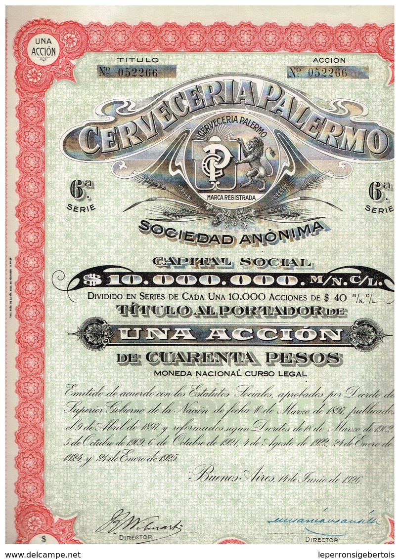 Titre Ancien - Cerveceria Palermo Sociedad Anónima - Titulo De 1926 - Industry