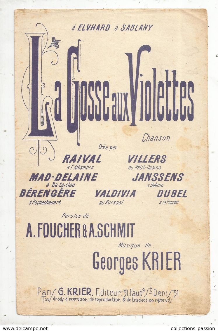 Partition Musicale Ancienne, LA GOSSE AUX VIOLETTES , Musique G. Krier,  Frais Fr : 1.75e - Partitions Musicales Anciennes