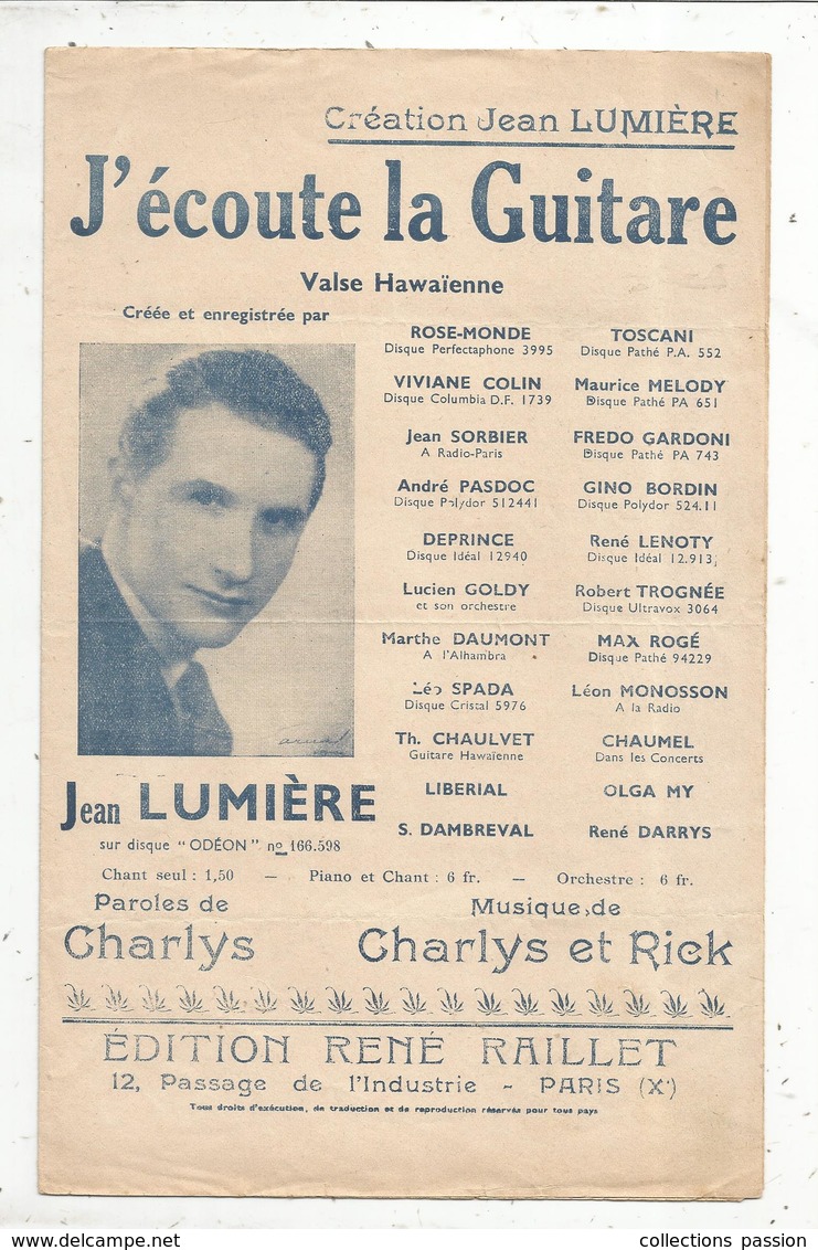 Partition Musicale Ancienne, J'ECOUTE LA GUITARE ,valse Hawaïenne , Jean Lumière,  Frais Fr : 1.75e - Scores & Partitions