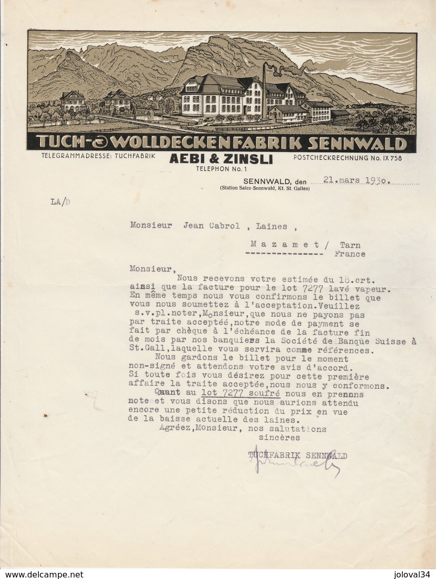 Suisse Facture Lettre Illustrée 21/3/1930 AEBI & ZINSLI Tuch Wolldeckenfabrik SENNWALD - Laine - Suisse