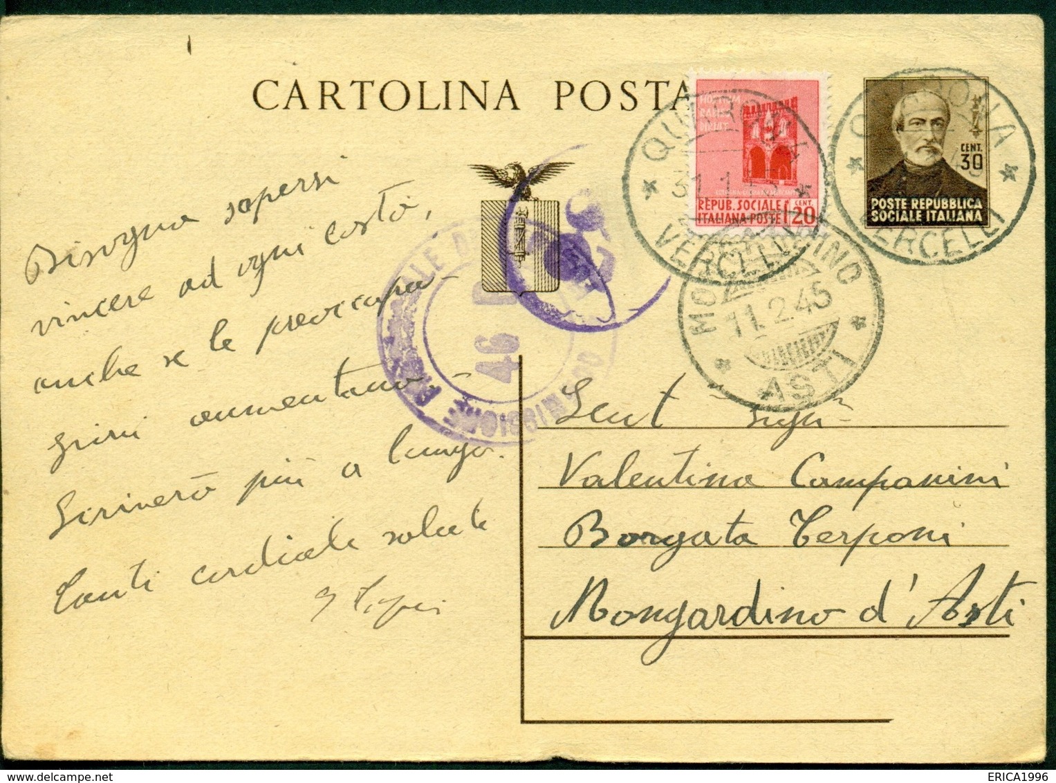 V9158 ITALIA RSI 1945 Cartolina Postale 30 C.Mazzini, Fil. C112, Interitalia 108,con Affrancatura Agguntiva, Da Quarona - Postwaardestukken