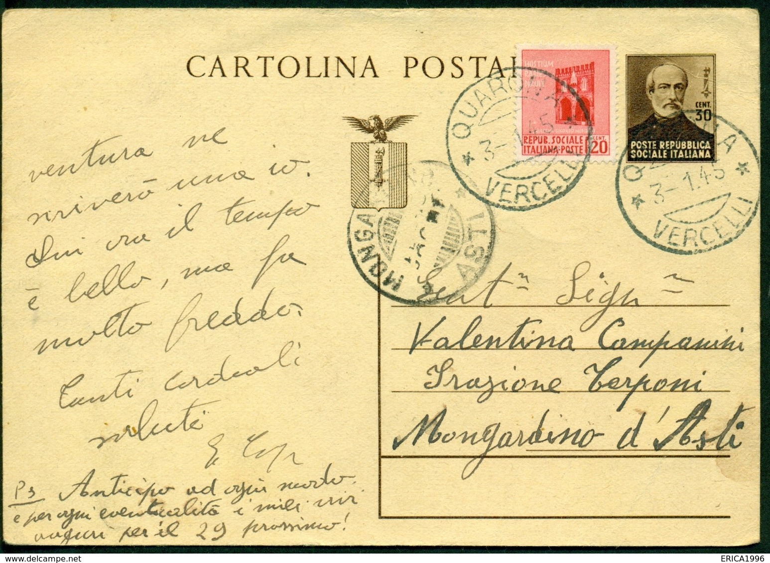 V9159 ITALIA RSI 1945 Cartolina Postale 30 C. Mazzini, Fil. C112, Interitalia 108,con Affrancatura Agguntiva, Da Quarona - Entiers Postaux