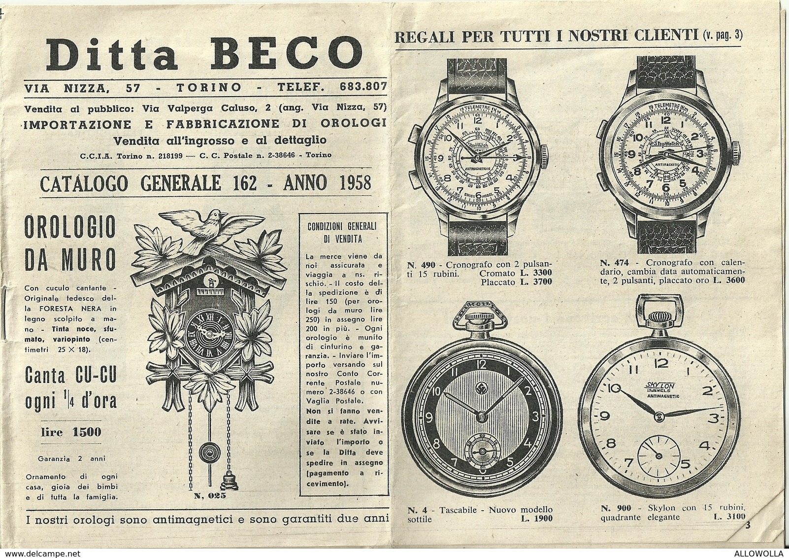 2923 " DITTA BECO-TORINO-IMPORTAZIONE E FABBRICAZIONE DI OROLOGI-CAT. N° 162-ANNO 1958 " ORIGINALE - Sonstige & Ohne Zuordnung