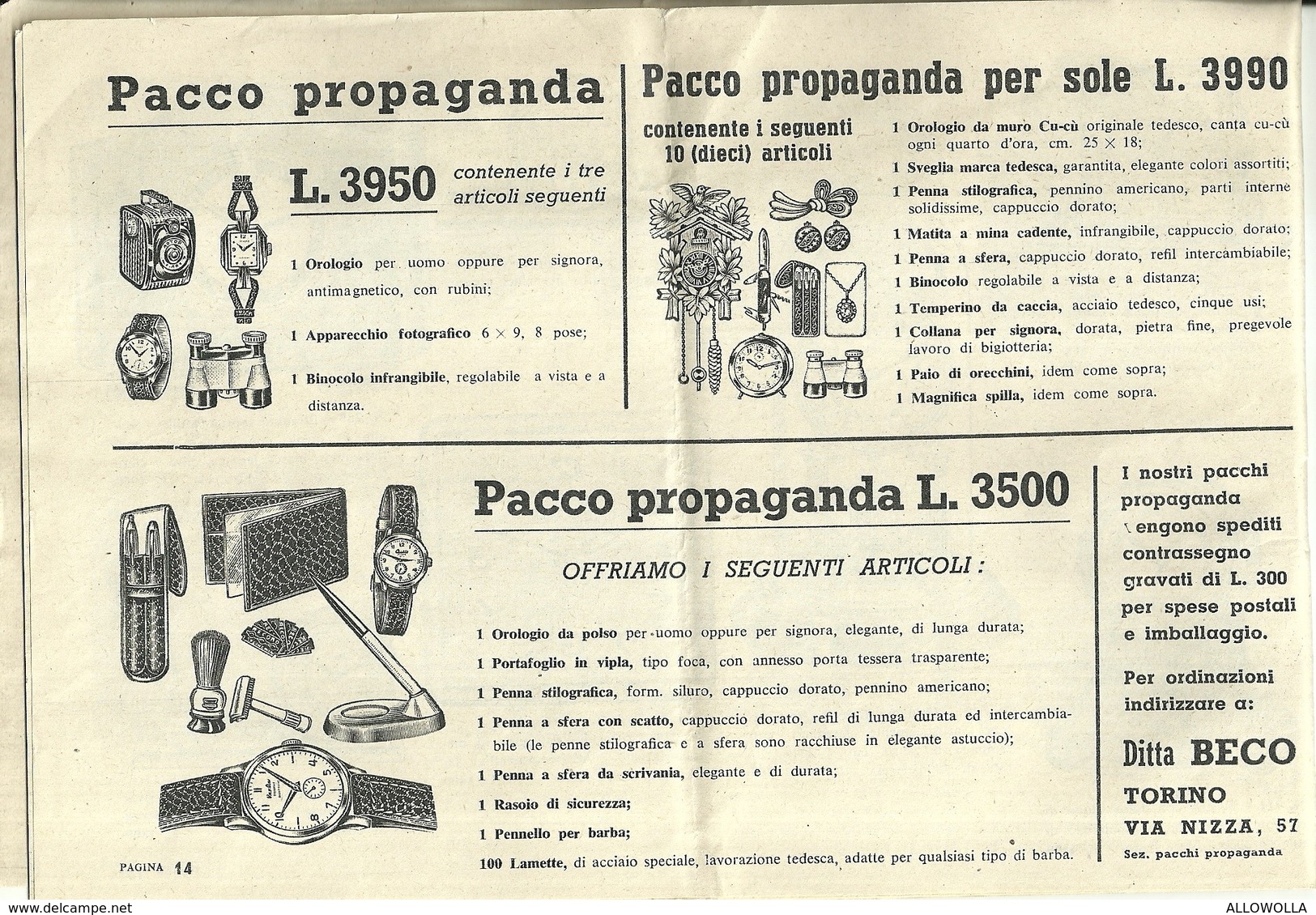 2923 " DITTA BECO-TORINO-IMPORTAZIONE E FABBRICAZIONE DI OROLOGI-CAT. N° 162-ANNO 1958 " ORIGINALE - Otros & Sin Clasificación