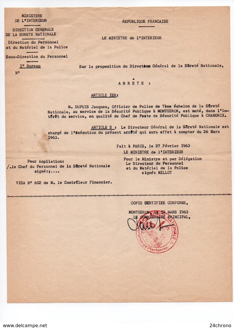 Ministere De L'Interieur, Mutation De Jacques Dupuis à Chamonix, Officier De Police, Millot, Montgeron (19-443) - Police & Gendarmerie