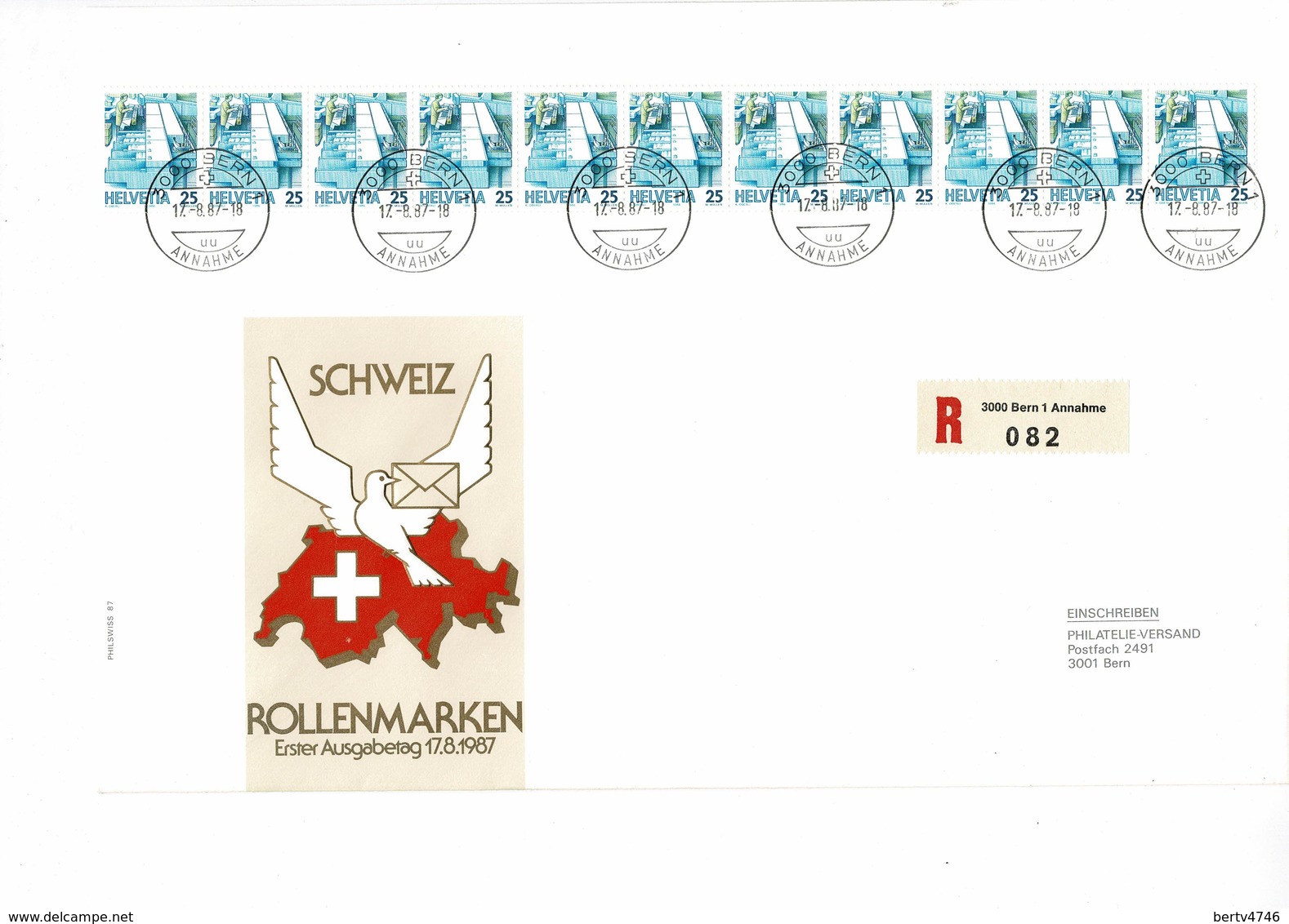 Helvetia FDC Schweiz Rollenmarken 17.8.1987 - Einschreiben - 3000 Bern 1 Annahme 082 - Coil Stamps