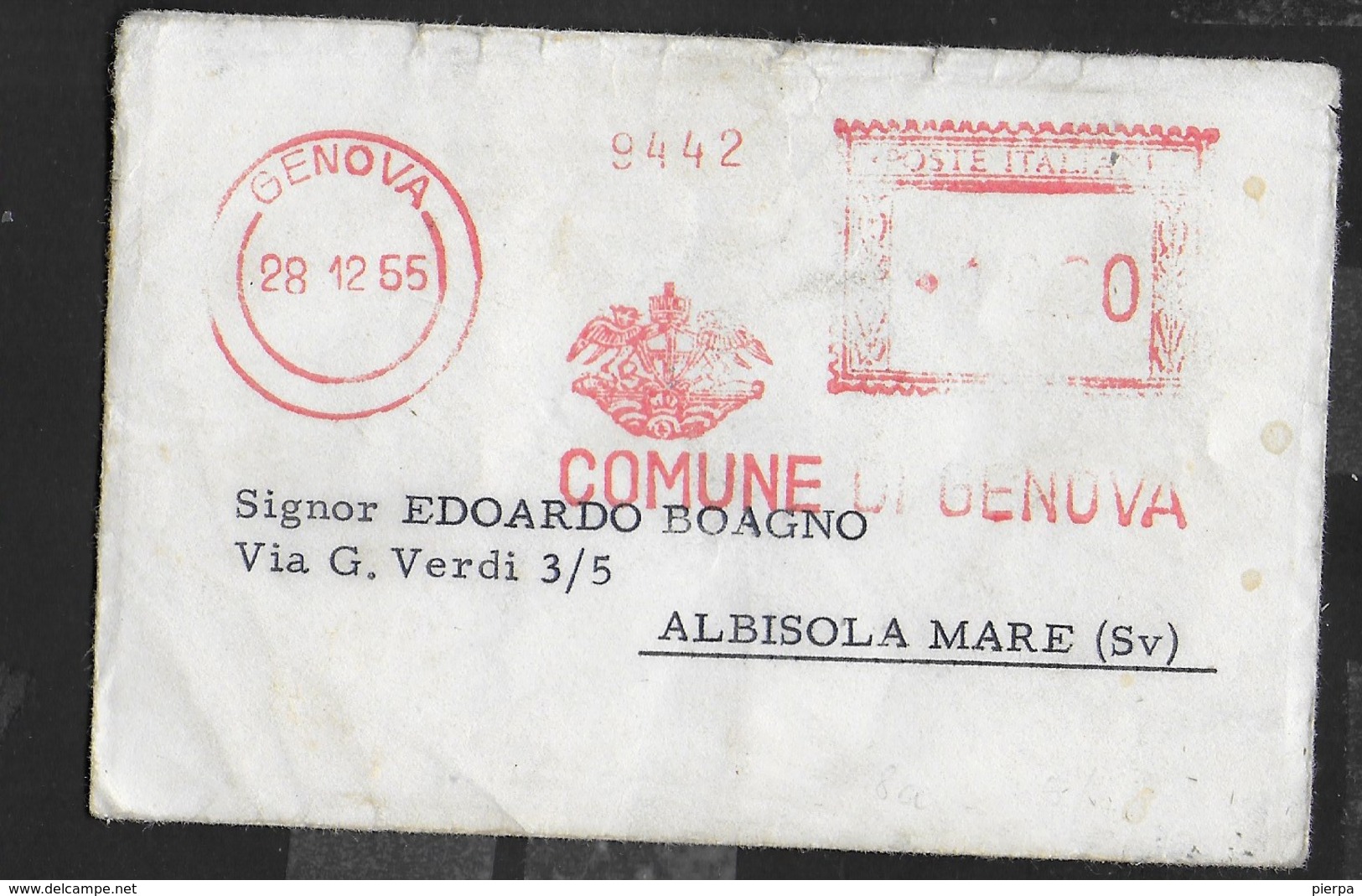 STORIA POSTALE REPUBBLICA - AFFRANCATURA MECCANICA ROSSA COMUNE GENOVA 28.12.1955 SU BUSTINA - Macchine Per Obliterare (EMA)