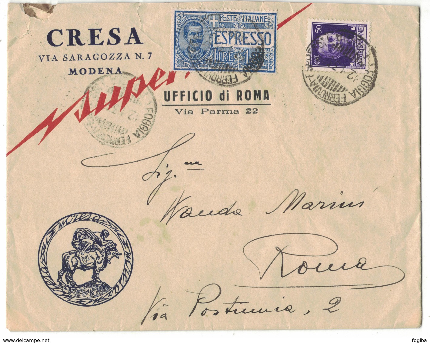 YN120   Regno 1933 Busta "CRESA" Modena, Espresso £.1.25 + Imperiale 50c Retro Annullo Ambulante - Storia Postale