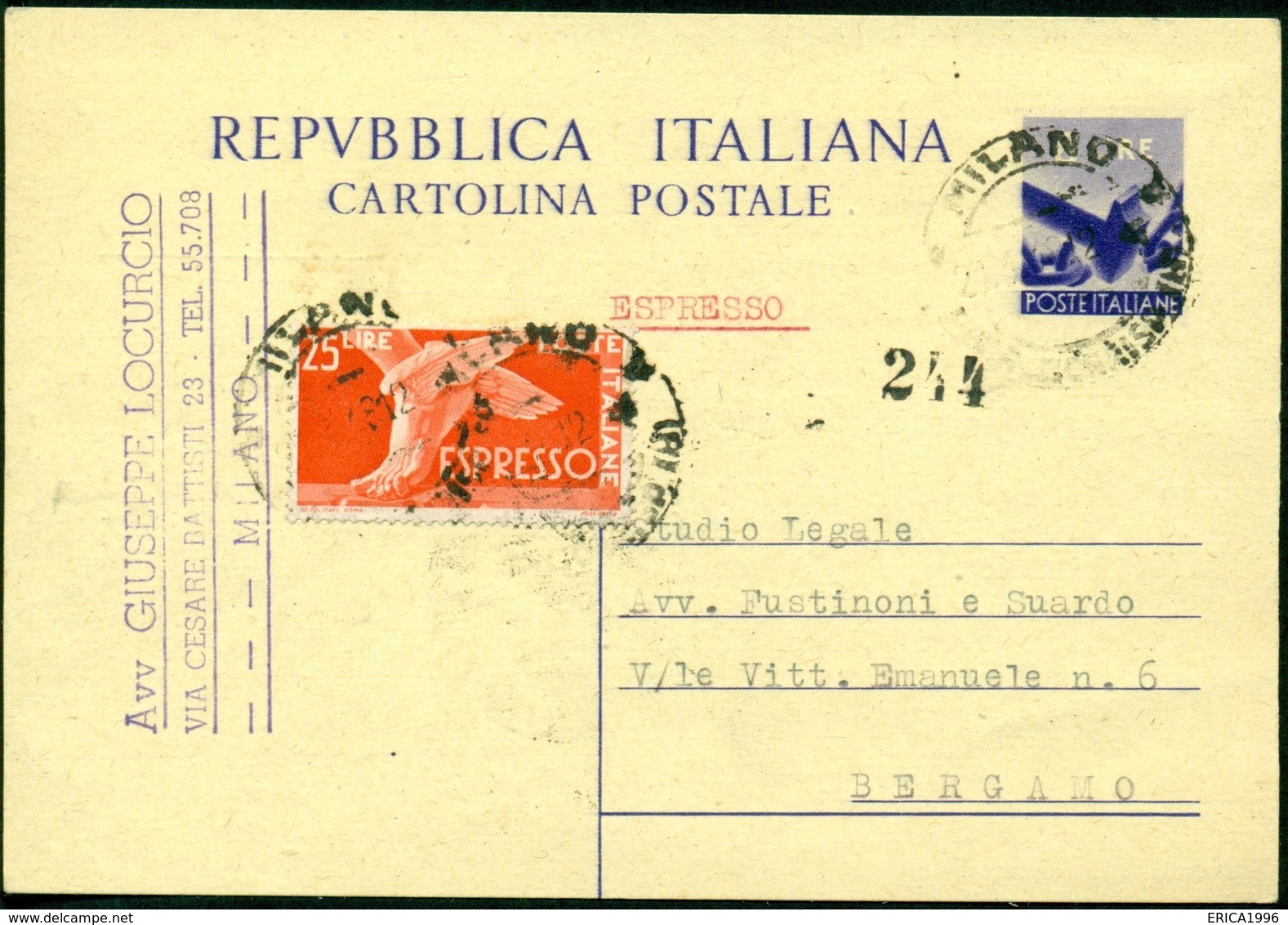 V9079 ITALIA REPUBBLICA 1948 Cartolina Postale 8 L. Democratica, Fil. C134, Interitalia 134, Espresso Con Affrancatura - Interi Postali