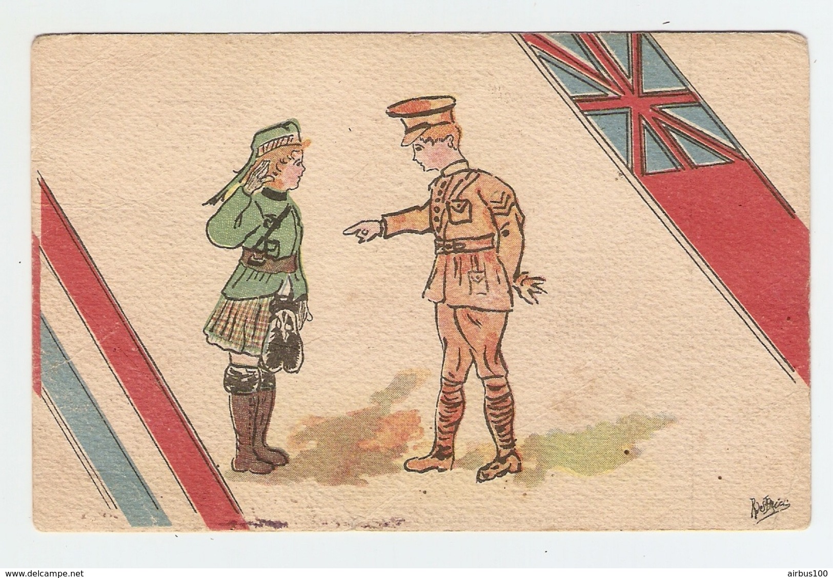 CP PATRIOTIQUE HUMOUR MILITARIA 1916 - FEMME MILITAIRE EN KILT Et MILITAIRE - Ed. DEVAMBEZ DRAPEAU - Patriottiche