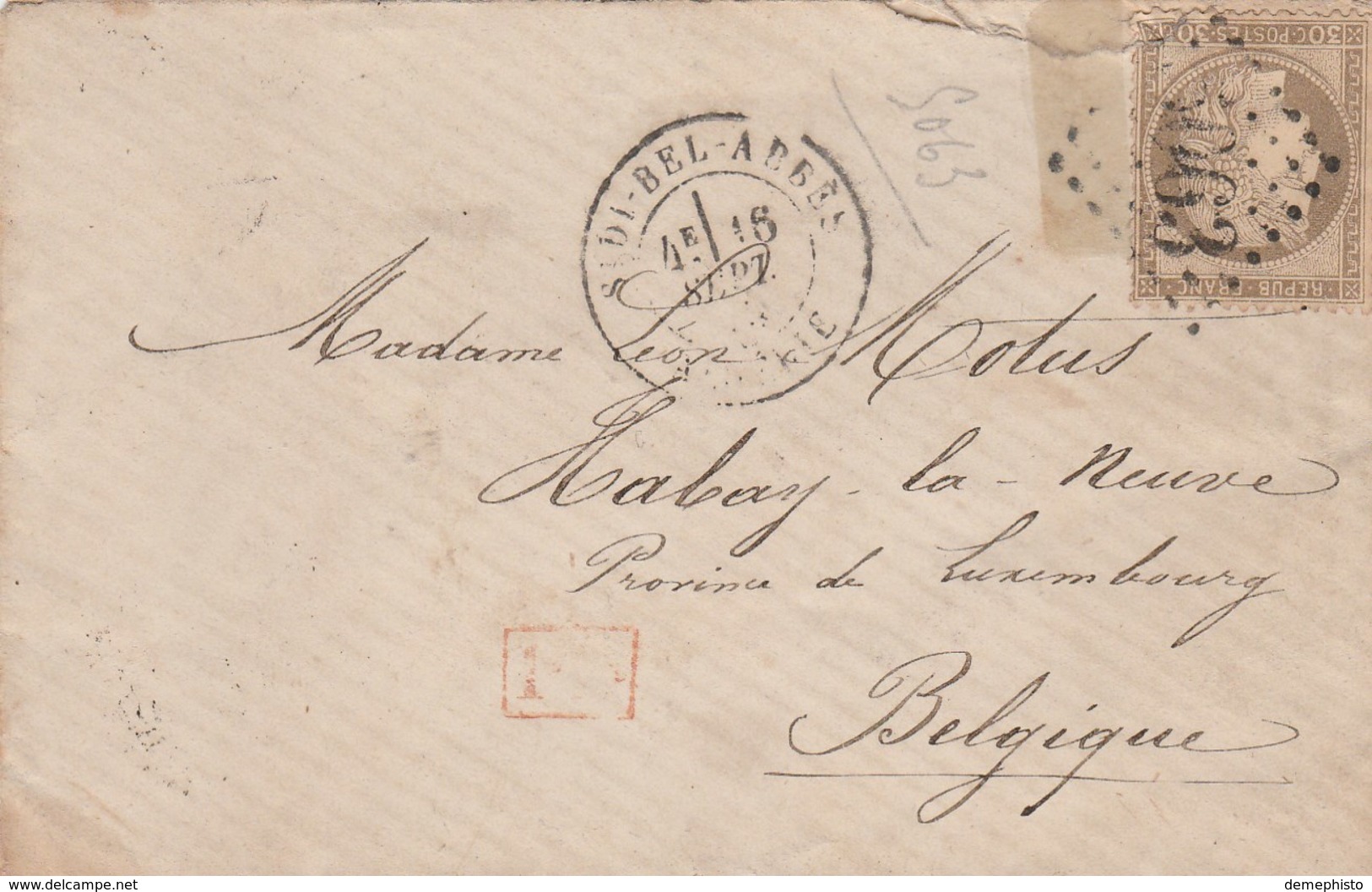 Lettre De Sidi-Bel-Abbes Pour La Belgique Aff 30 Cts Ceres Cachet : Marseille à Lyon Spéciale 2-9-75... - 1849-1876: Classic Period