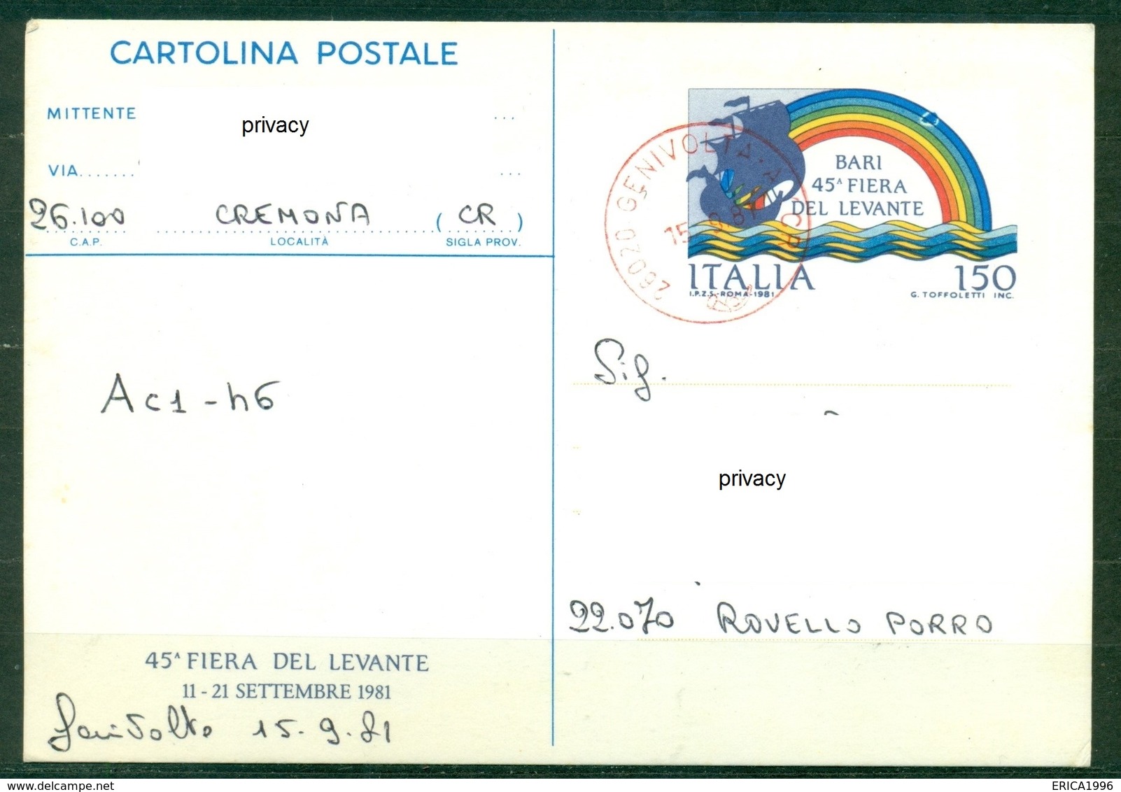 Z1202 ITALIA REPUBBLICA 1981 Cartolina Postale 45a Fiera Del Levante, Fil. C187, Viaggiata Da Genivolta 15.9.81, - Interi Postali