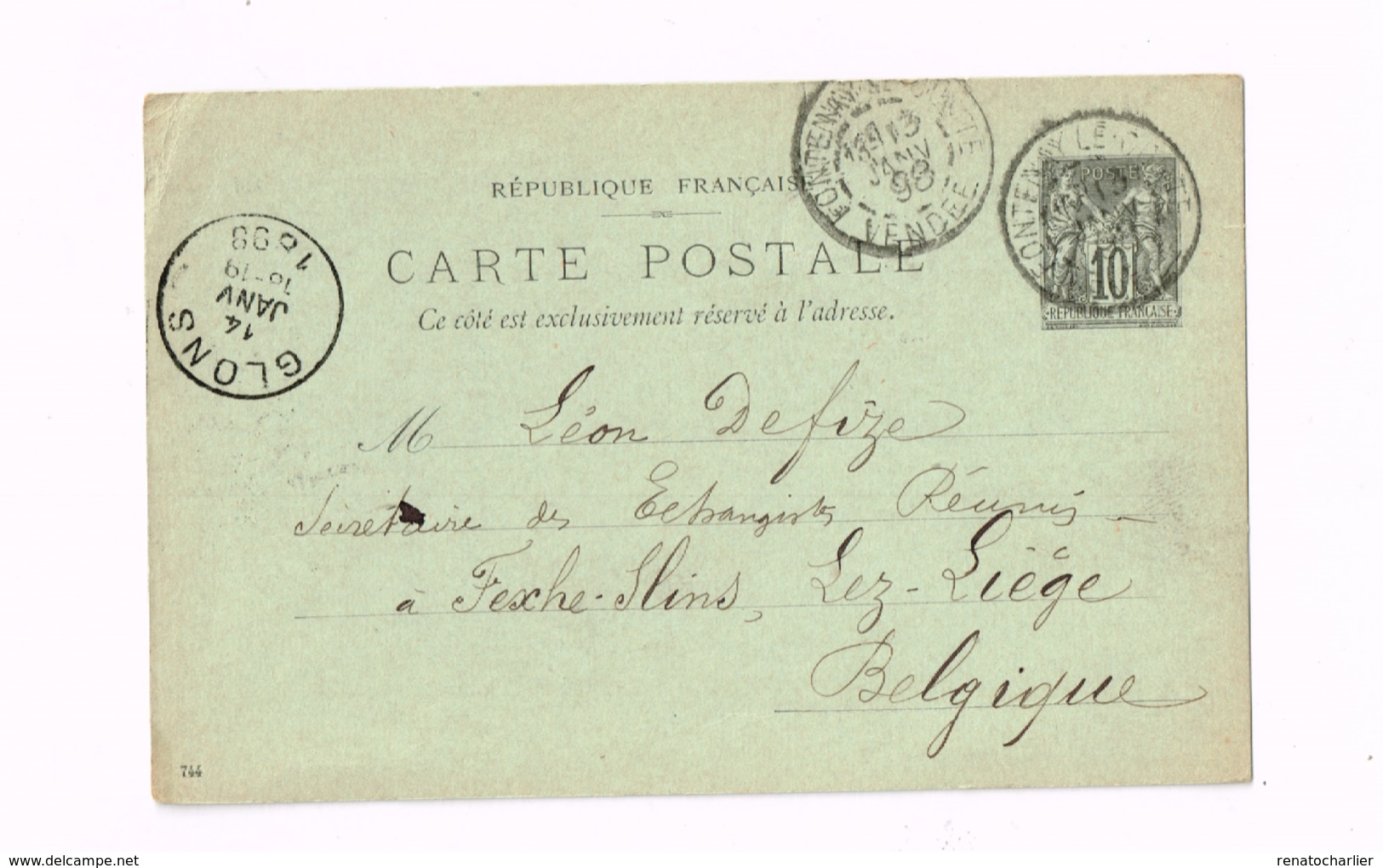 Entier Postal à 10 Centimes.Expédié De Fontenay-le-Comte (Vendée) à Fexhe-Slins (Glons/Belgique) - Standaardpostkaarten En TSC (Voor 1995)