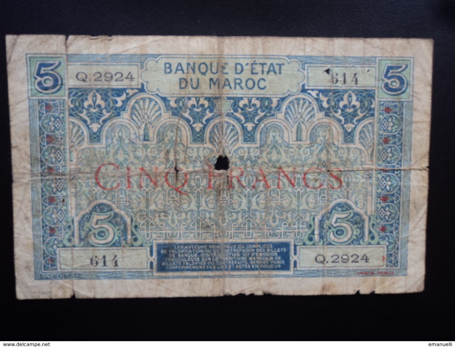 MAROC : 5 FRANCS   ND 1924   P 9 / MetK 504c *    AB - Marokko