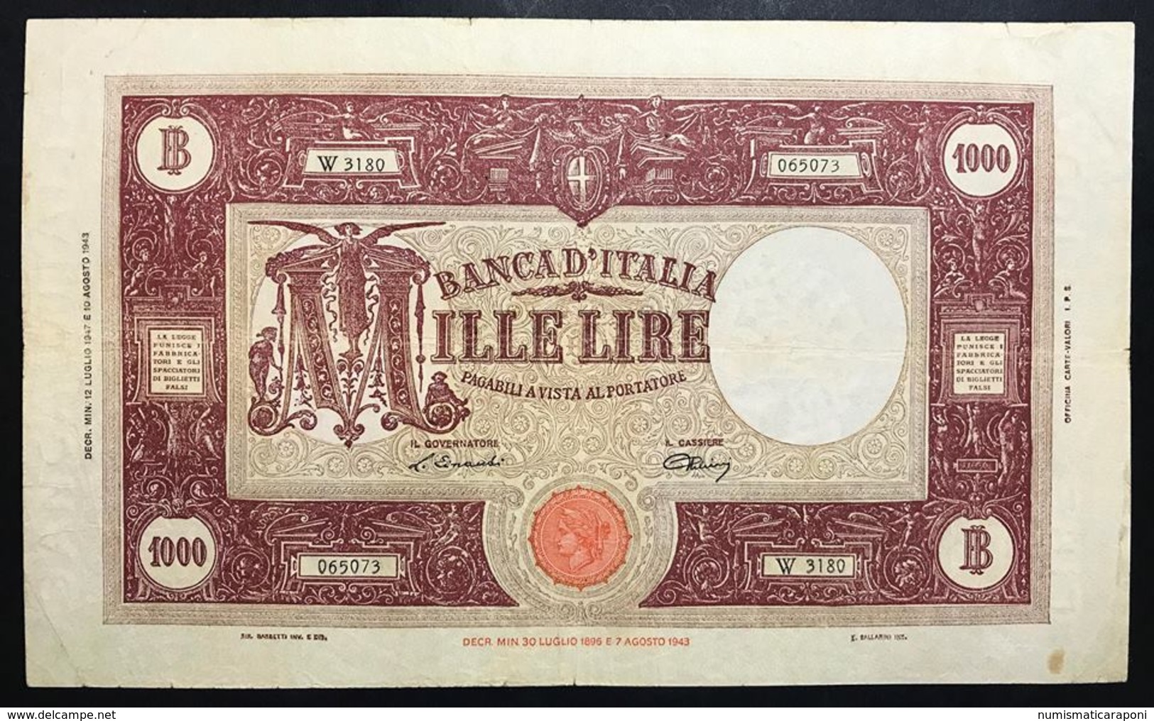 1000 Lire Grande M Testina B.I.12 07 1947 Q.BB Leggermente Pressata  LOTTO 2416 - 1000 Lire