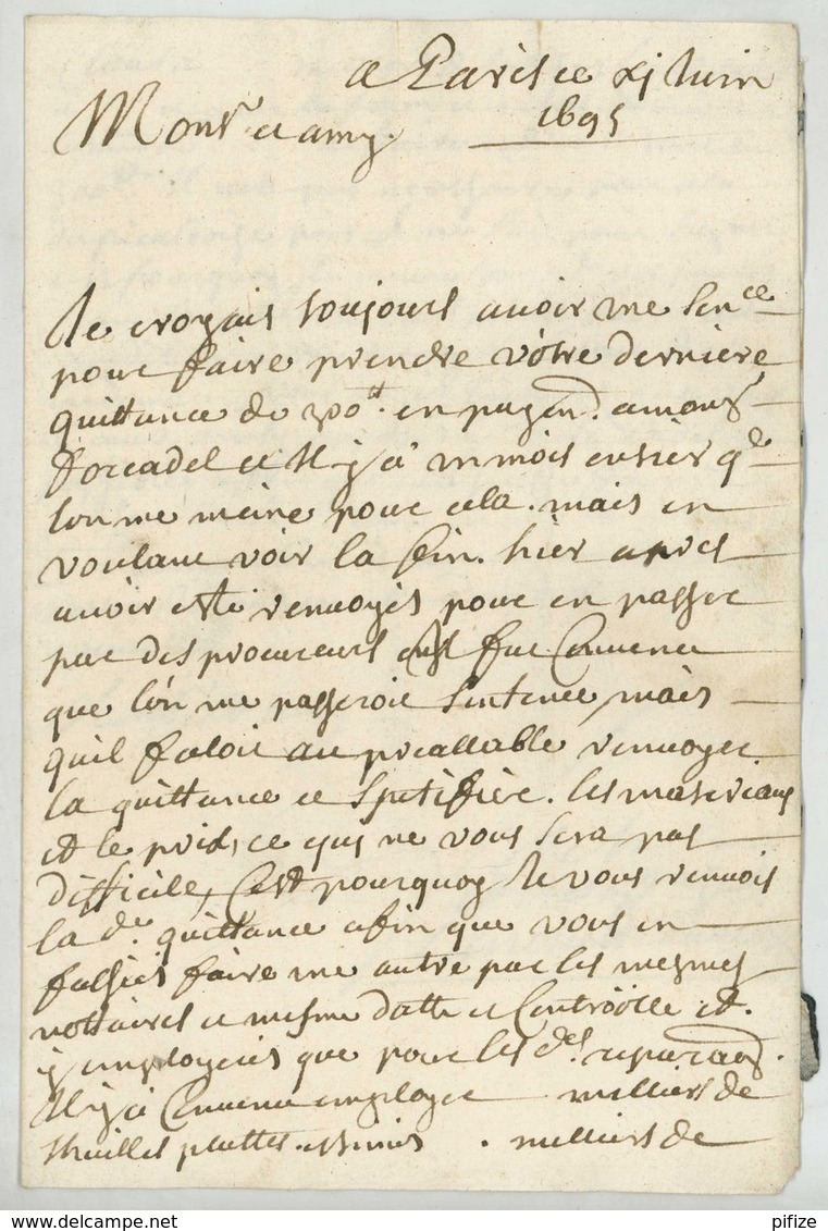 LàC 1695 De Paris à M. Morin Fermier De La Caillère à Thiré (Vendée) . Marques 8 Sols + Nante Manuscrit (Nantes) - ....-1700: Precursors