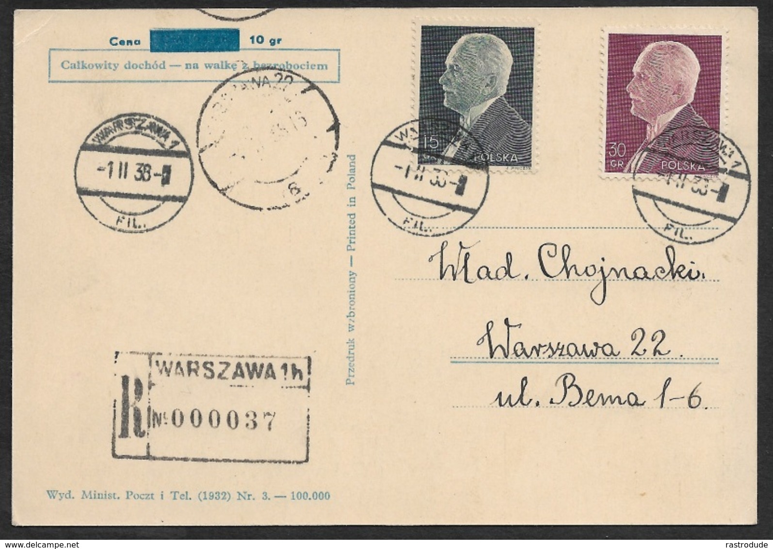 POLAND - POLEN 1938 - REGISTERED PC To WARSAW - Yv. 397/98 - PRES. IGNACY MOSCICKI - Briefe U. Dokumente