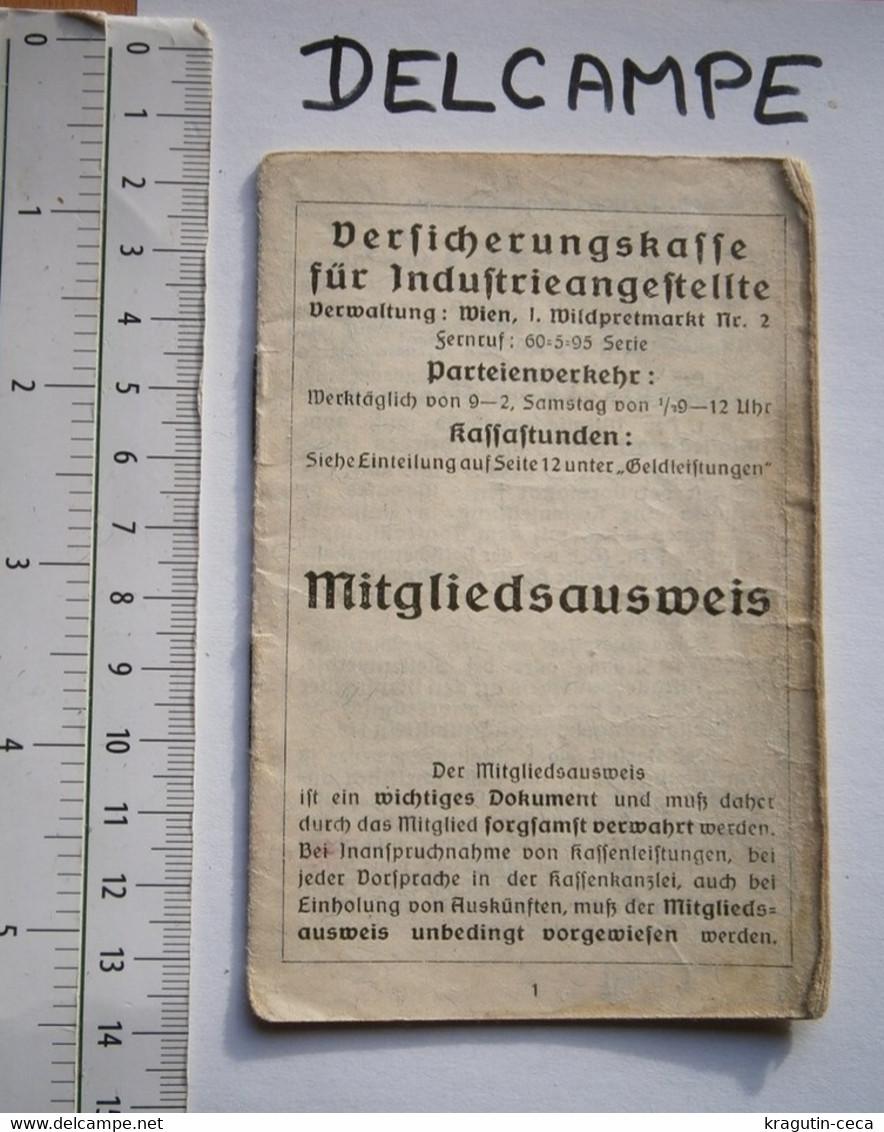 1930 WIEN OSTERREICH VIENNA AUSTRIA Mitgliedsausweis MEMBER CARD AUSWEIS EMPLOYEES DOCUMENT INSURANCE VERSICHERUNGSKARTE - Membership Cards