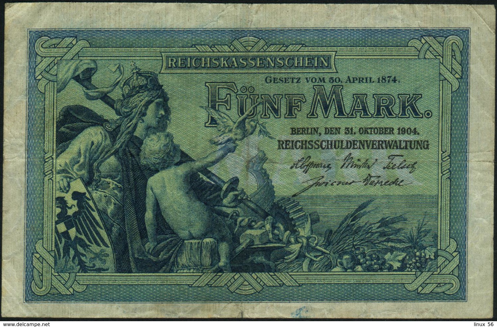 GERMANY - 5 Mark 31.10.1904 {6 Digit Serial #} Fine P.8 A - 5 Mark