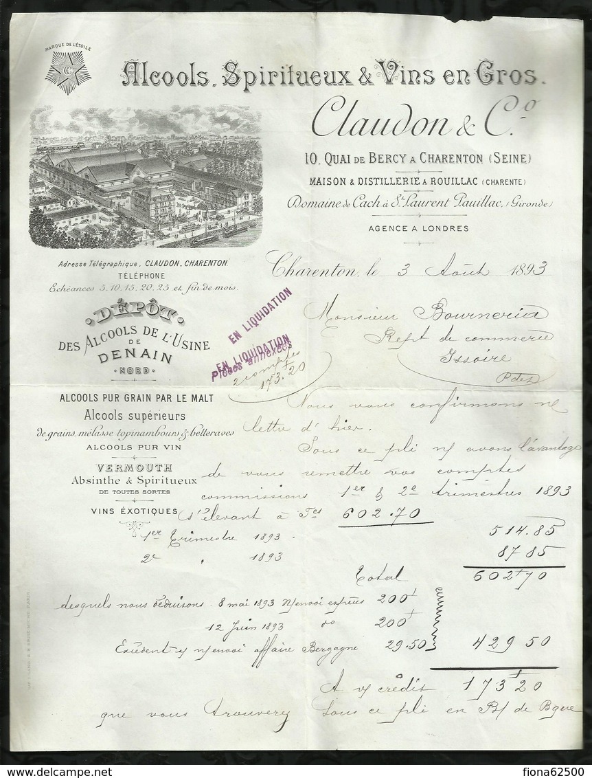 ALCOOLS , SPIRITUEUX & VINS EN GROS . CLAUDON & COMPAGNIE . CHARENTON  LE : 03 AOÛT 1893  . - 1800 – 1899