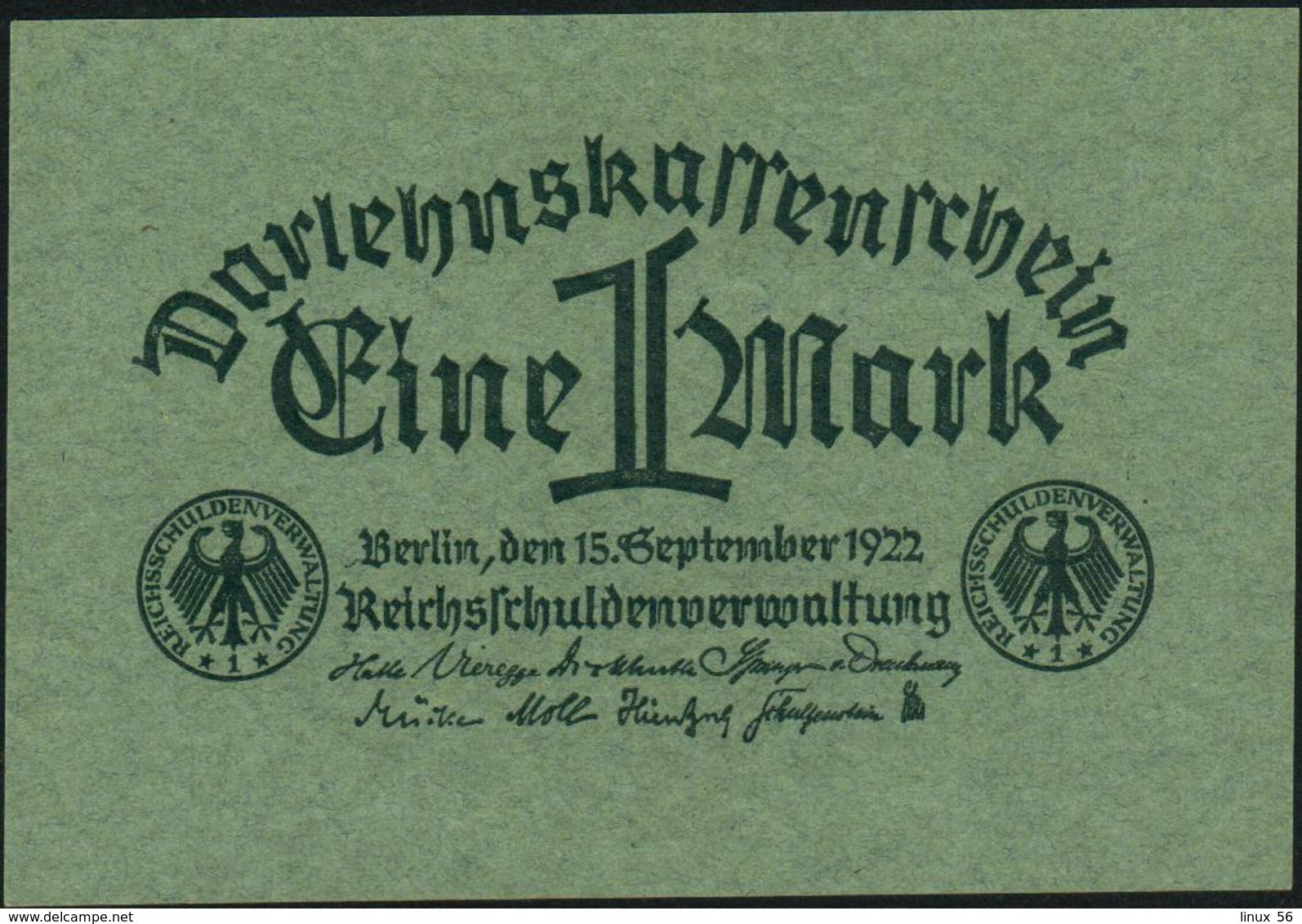 GERMANY - 1 Mark 15.09.1922 UNC P.61 A - Reichsschuldenverwaltung