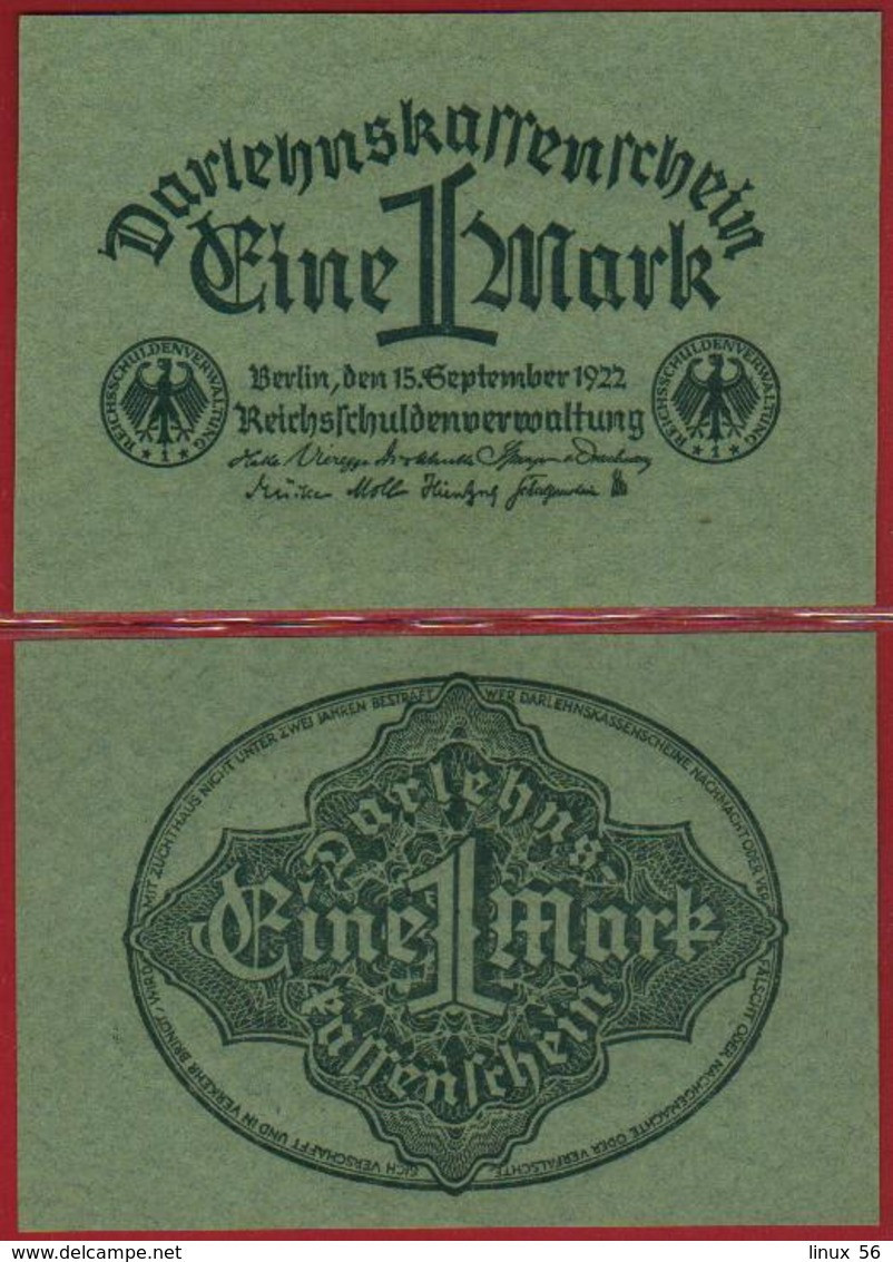 GERMANY - 1 Mark 15.09.1922 UNC P.61 A - Reichsschuldenverwaltung