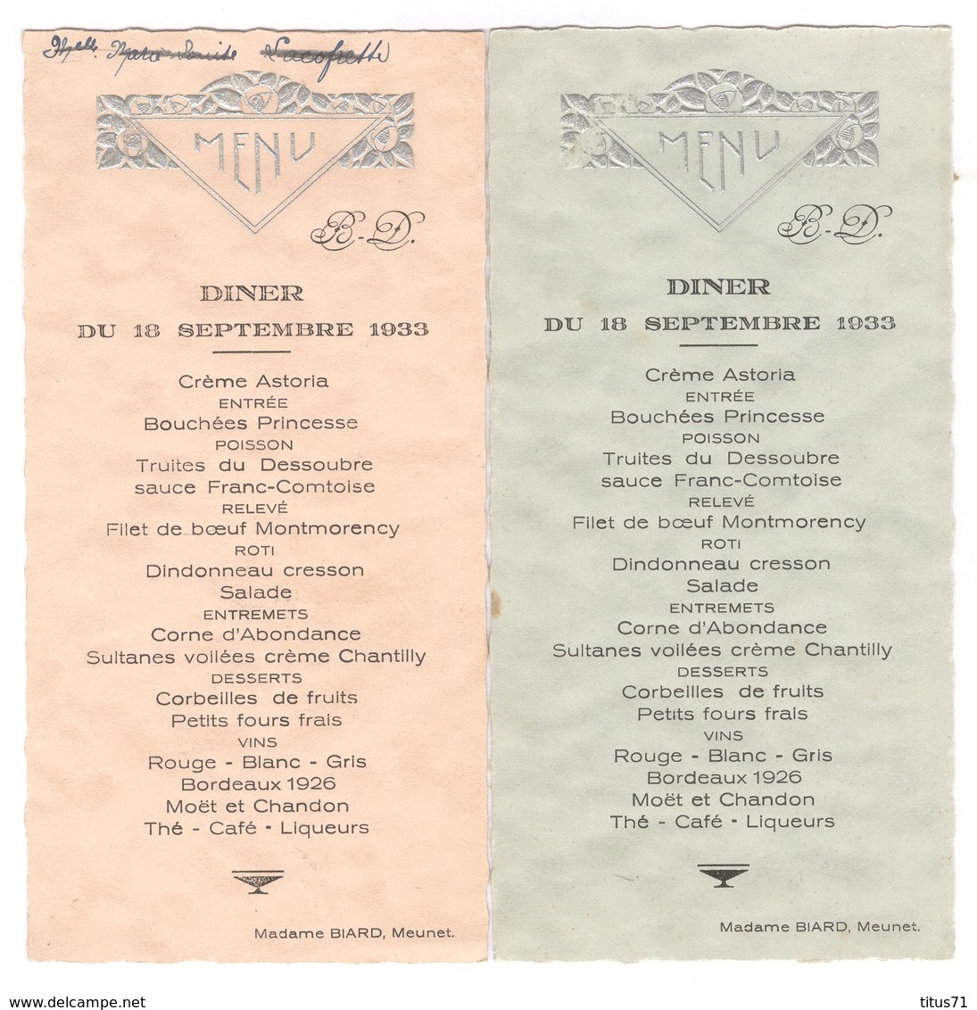 Lot De 2 Menus  - Diner Du 18 Septembre 1933 - Entête En Relief - Menú