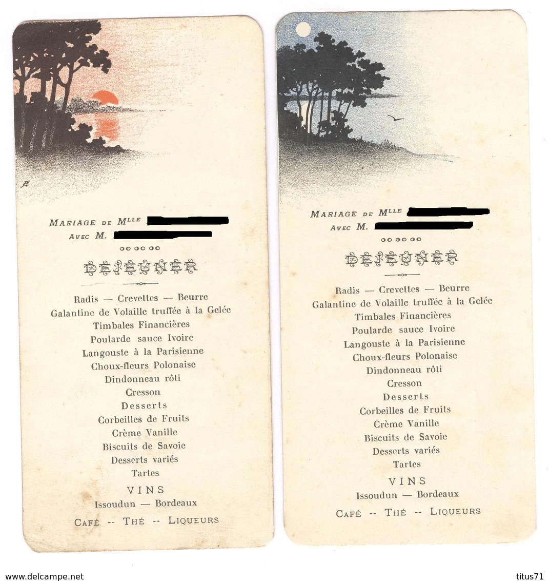 Lot De 2 Menus De Mariage - Non Datés - Menus